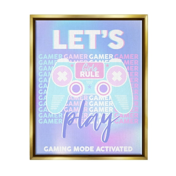 Let's Play Gaming Mode Activated Phrase Art for Kids Graphic Art Metallic Gold Framed Art Print Wall Art