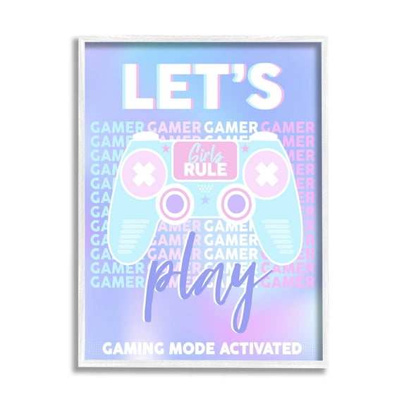 Let's Play Gaming Mode Activated Phrase Art for Kids Graphic Art White Framed Art Print Wall Art