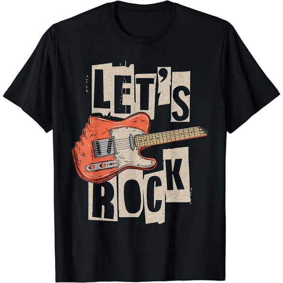 Let's Rock Electric Guitar Music Lover Band Guitarist Retro T-Shirt Black Large