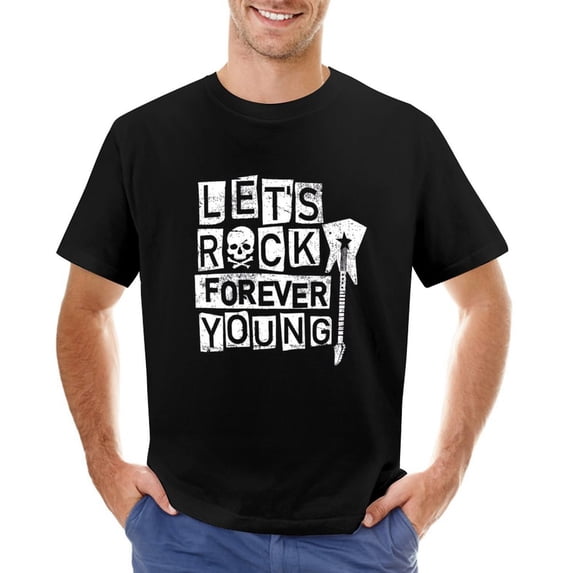 Let's Rock Slogan Skull And Guitar Vector Illustration Vintage T-shirt Mens Cotton Classic Crewneck Short Sleeve Tees Unisex Black M