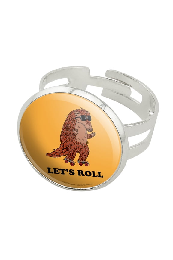 Let's Roll Armadillo Roller Skates Funny Humor Silver Plated Adjustable Novelty Ring