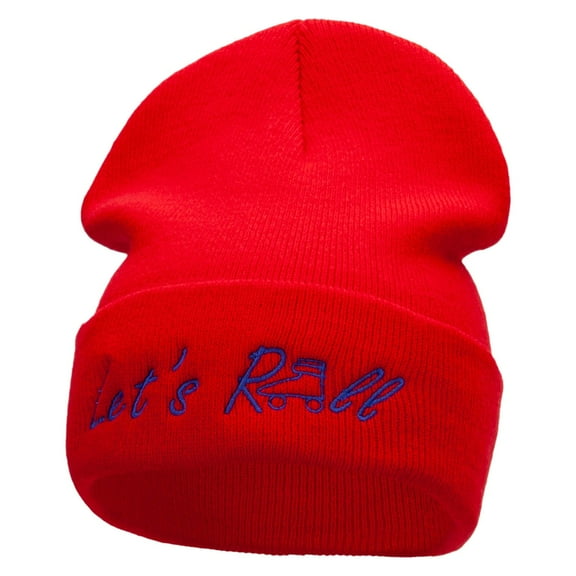 Let's Roll Embroidered 12 Inch Long Knitted Beanie - Red OSFM