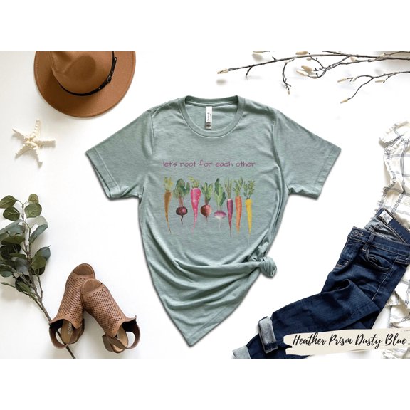 Let's Root for Each Other Shirt,Gardening Vegetable Green Thumb Design,Relaxed Women's T-Shirt, Botanical Shirt, Cottagecore Vegetable Shirt