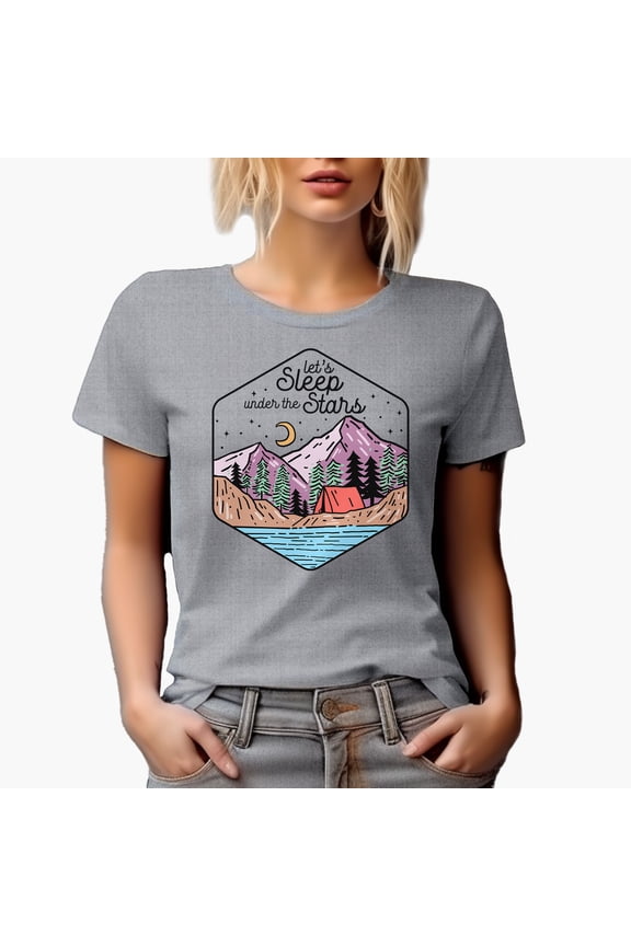Let's Sleep Under the Stars with Line Drawing Camping Art Merch Gift, Heather Grey T-Shirt, Medium