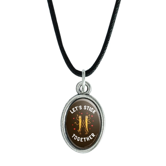 Let's Stick Together Walking Bugs Love Funny Humor Antiqued Oval Charm Pendant with Black Satin Cord