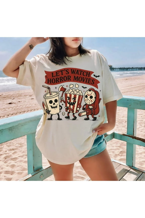 Let's Watch Horror Movies T-Shirt, Halloween Horror Characters Graphic Tee, Scary Movie Halloween Shirt, Funny Halloween Horror Tee