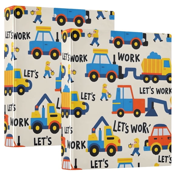 Let's Work Construction Vehicle Hardcover 3 Ring Binder 1.5” Round Rings Letter Size Paper Pockets for School Office Supplies 2 Pack
