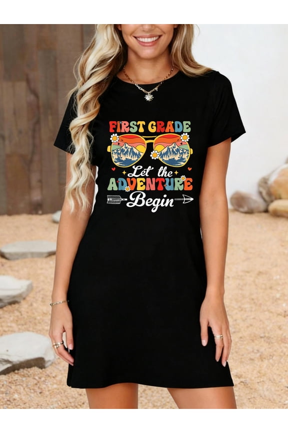Let the 1st Grade Adventure Begin First Grade Teacher T-Shirt Dress Casual Summer Dress Everyday Outfit