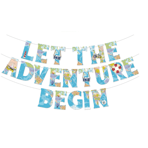 Let the Adventure Begin Party Banner, Travel Theme, World Map Design, Letter Garland Decoration