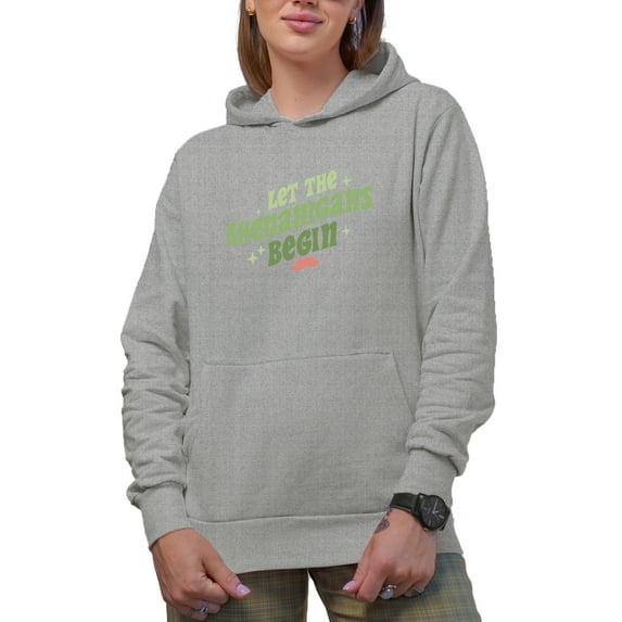 Let the Shenanigans Begin Quote, St. Patrick's Day Merch Gift, Heather Grey Hooded Sweatshirt or Hoodie, Large