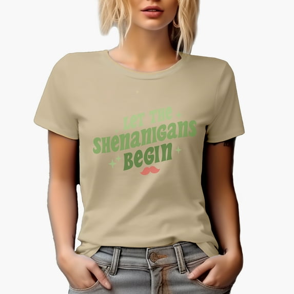 Let the Shenanigans Begin Quote, St. Patrick's Day Merch Gift, Tan T-Shirt, Large