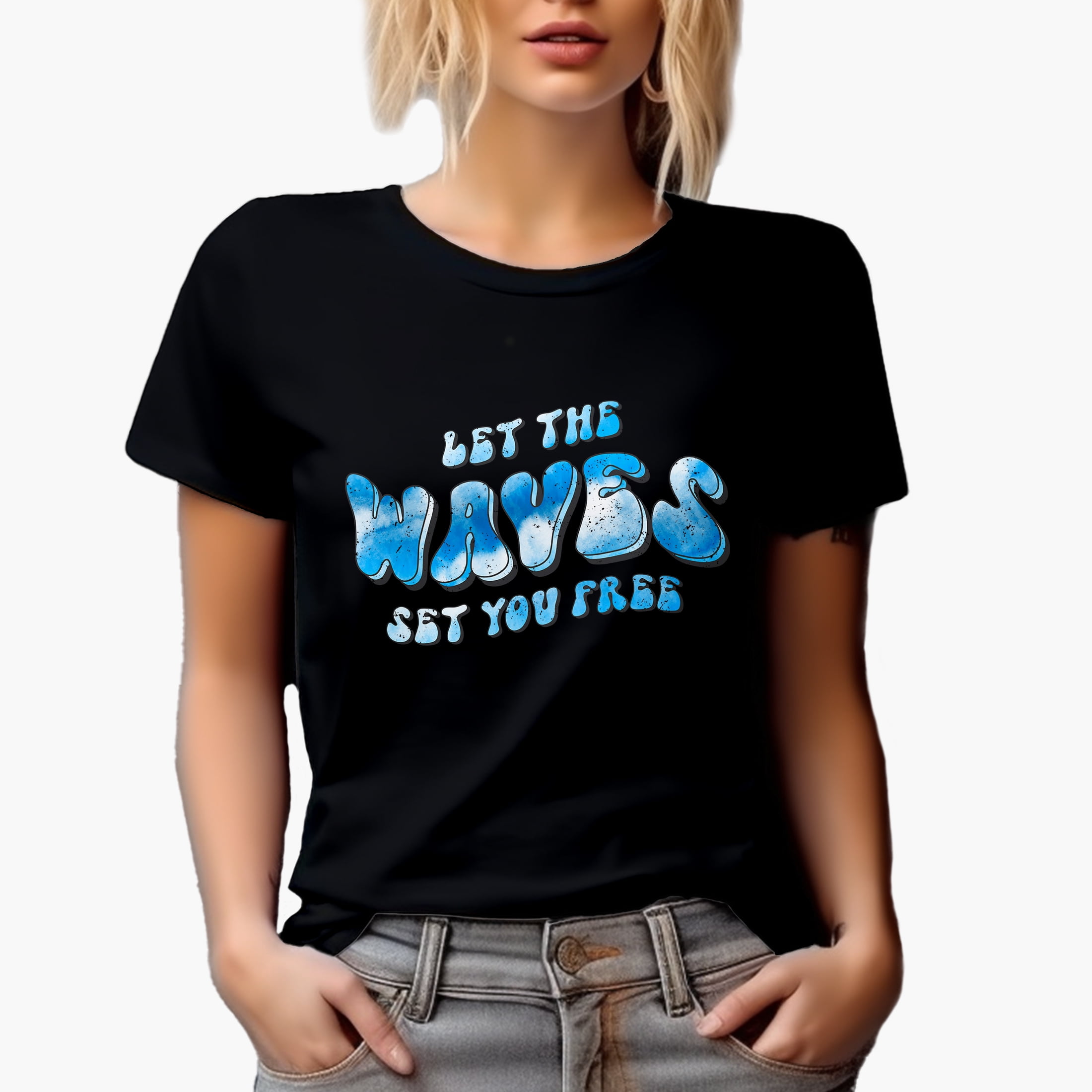 Distressed Let the Waves Set You Free, Retro Groovy Wavy Text, Tie Die Surfing Gift, Black T-Shirt, Large