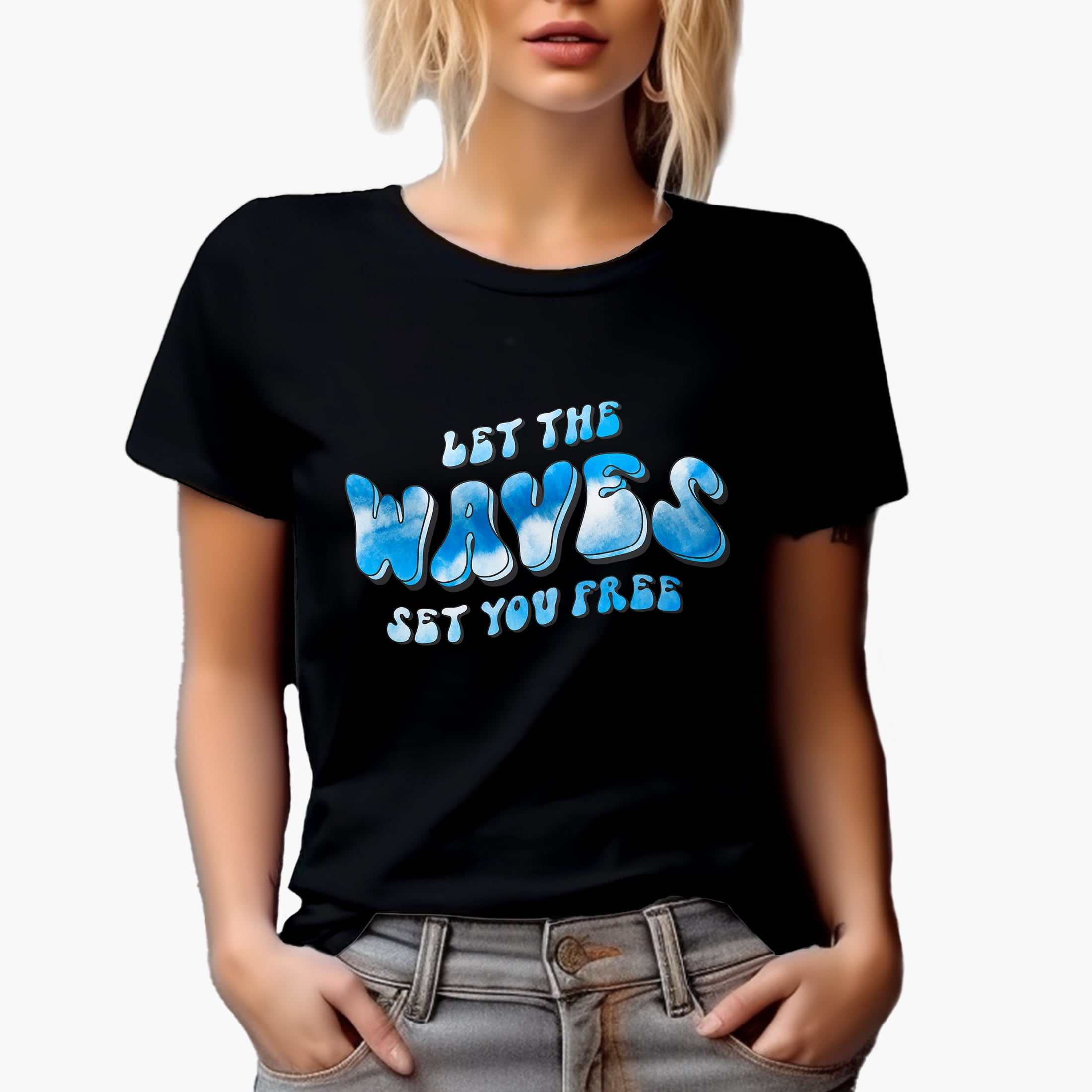 Let the Waves Set You Free, Retro Groovy Wavy Text, Tie Die Surfing Gift, Black T-Shirt, Medium