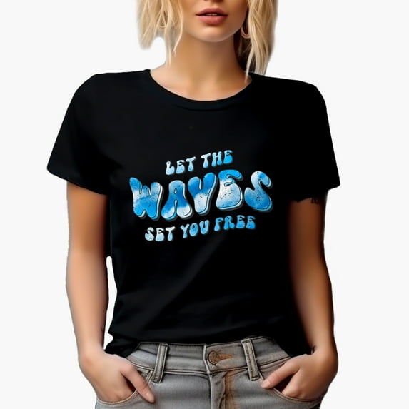 Distressed Let the Waves Set You Free, Retro Groovy Wavy Text, Tie Die Surfing Gift, Black T-Shirt, Small