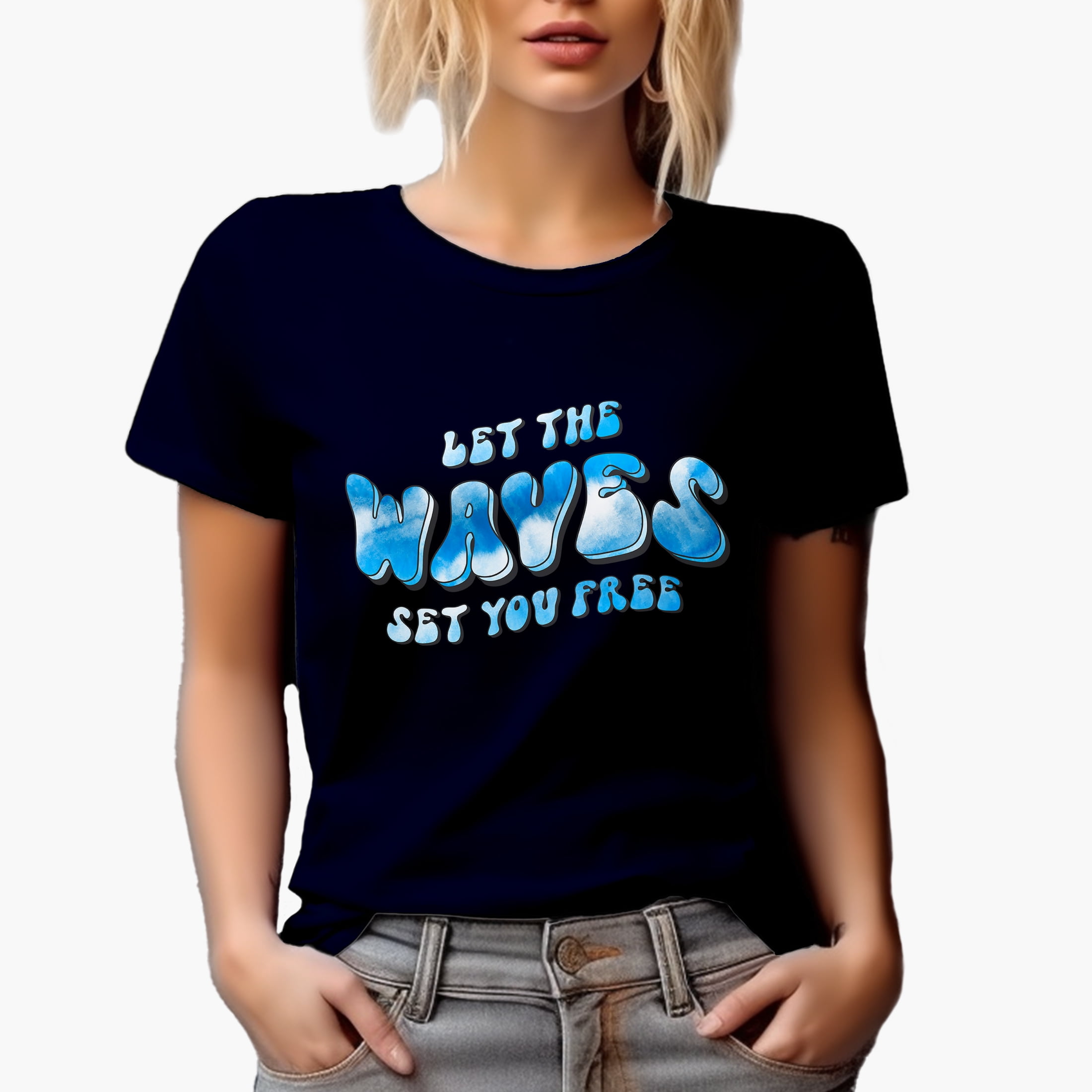 Let the Waves Set You Free, Retro Groovy Wavy Text, Tie Die Surfing Gift, Navy Blue T-Shirt, 3XL