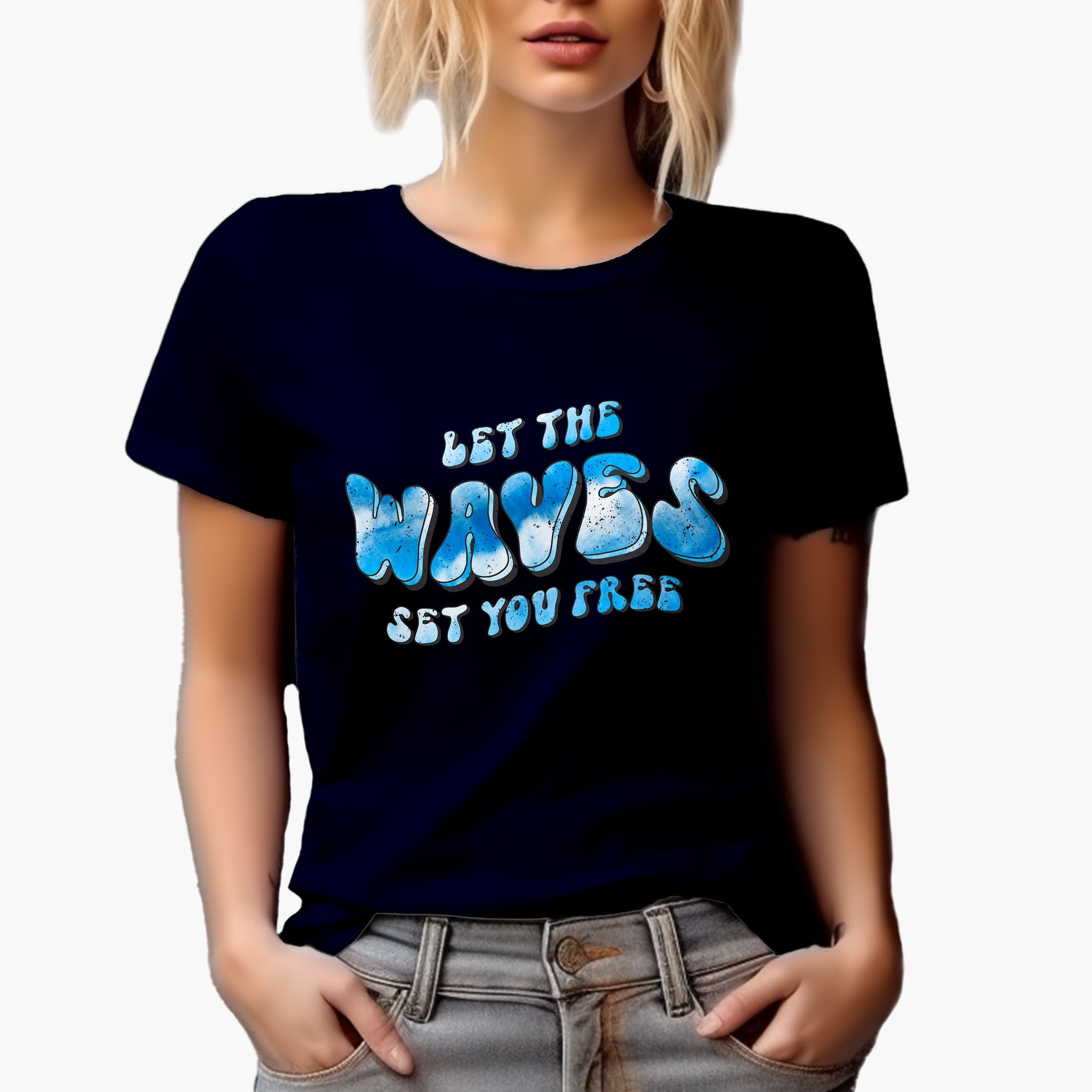 Let the Waves Set You Free, Retro Groovy Wavy Text, Tie Die Surfing Gift, Navy Blue T-Shirt, Small