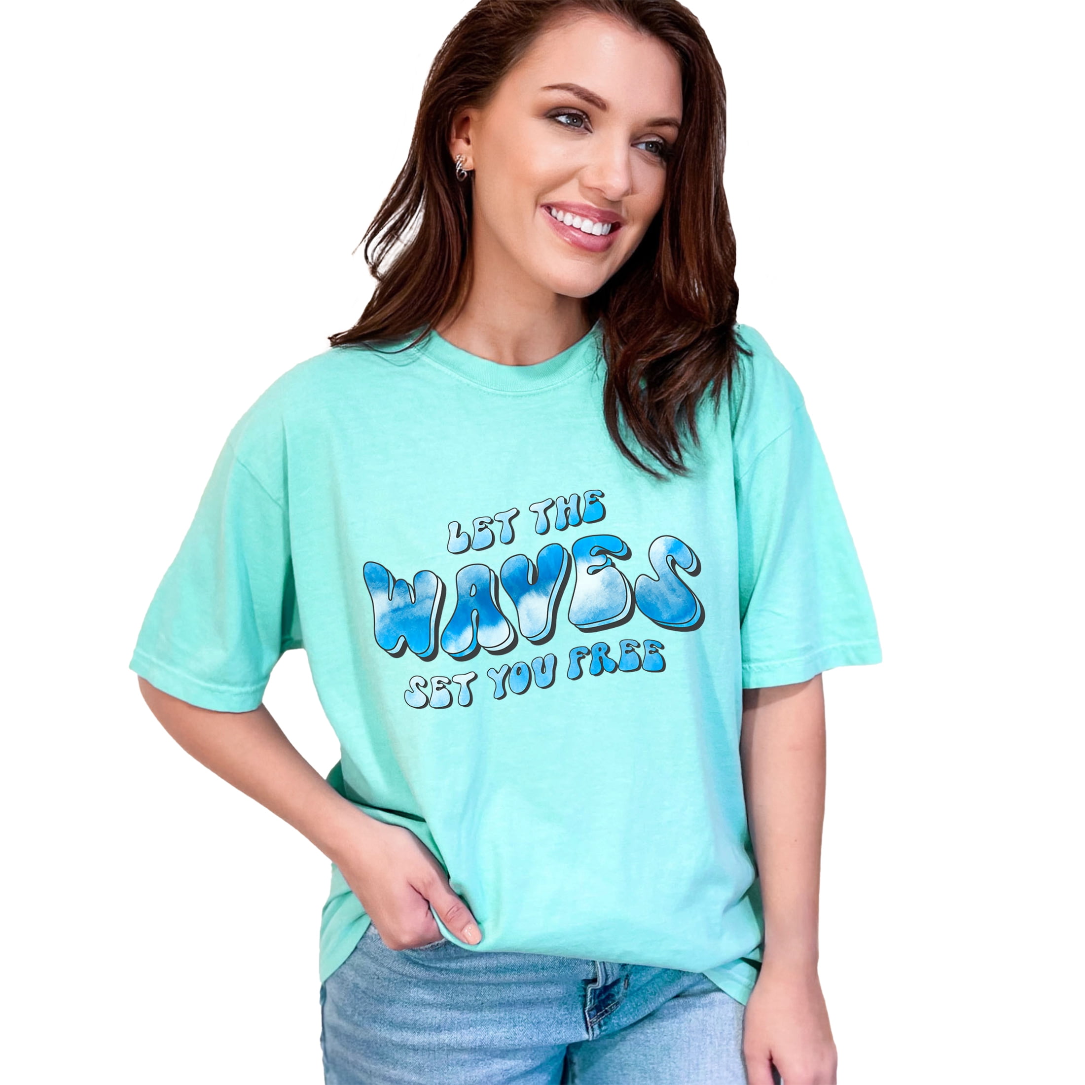 Let the Waves Set You Free, Retro Groovy Wavy Text & Tie Die Surfing Themed, Chalky Mint Comfort Colors T-Shirt, Medium