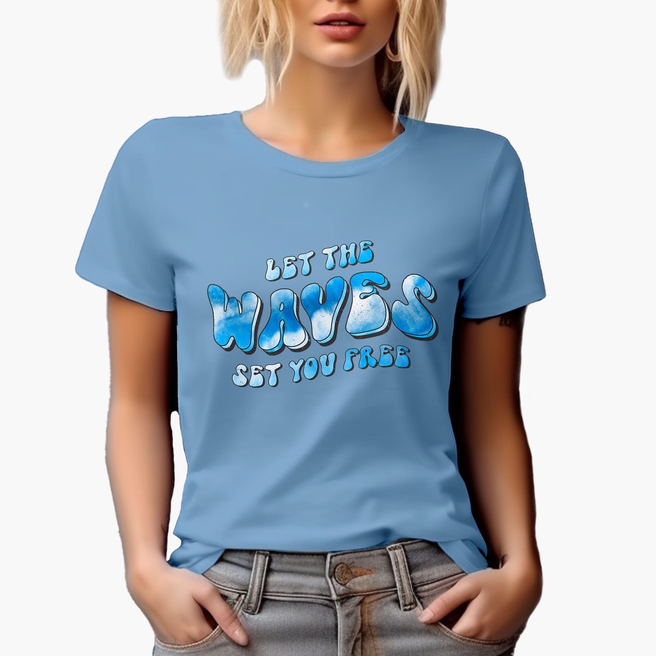 Let the Waves Set You Free, Retro Groovy Wavy Text & Tie Die Surfing Themed Merch Gift, Baby Blue T-Shirt, Large