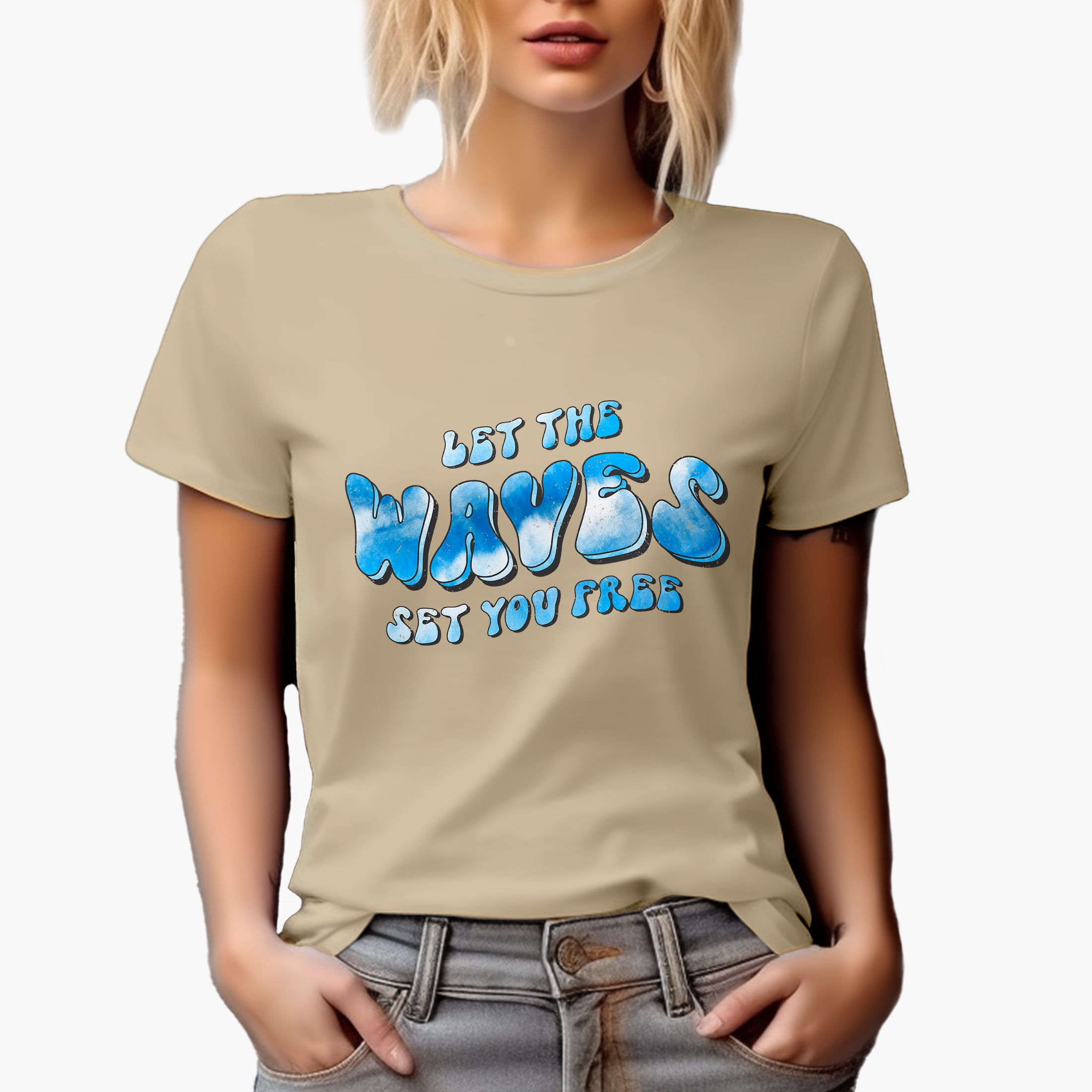 Let the Waves Set You Free, Retro Groovy Wavy Text & Tie Die Surfing Themed Merch Gift, Tan T-Shirt, XL