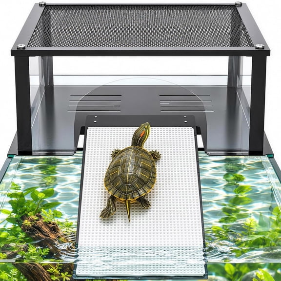 LetPetRun Turtle Basking Platform, Tank Platform with Textured Ramp, 11–14", Mesh Top, Acrylic Panels (M)