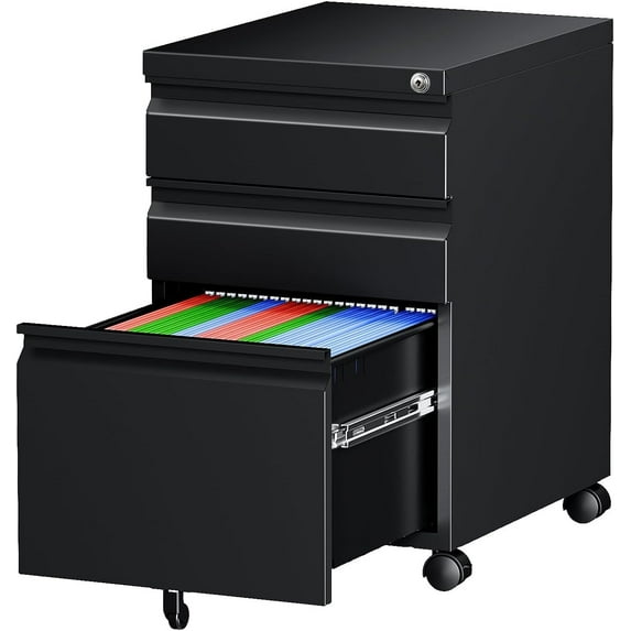 Letaya 3 Drawer Mobile File Cabinet with Lock, Under Desk Metal Rolling Filing Cabinets for Home Office Organizer Letters/Legal/A4 (Black- Requires Installation) (Black)