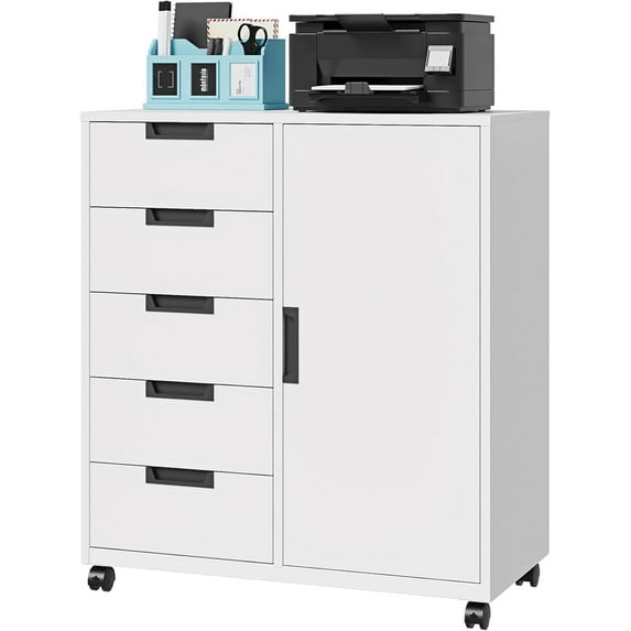 Letaya 5 Drawer Storage Cabinet, Mobile Printer Stand for Home Office,Dresser Chest with Shelves and Door(White)