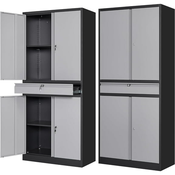 Letaya Metal Garage Storage Cabinet with Drawer,4 Door Tool Cabinet with Lock-2 Adjustable Shelves for Garage Home Office Utility Room (Black & Gray)