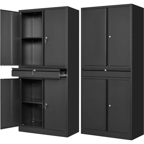 Letaya Metal Garage Storage Cabinet with Drawer,4 Door Tool Cabinet with Lock-2 Adjustable Shelves for Garage Home Office Utility Room (Black)