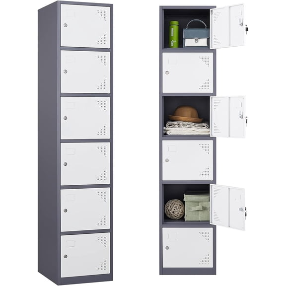 Letaya Metal Lockers for Employees,71" Steel Storage Cabinet with 6 Door Lockable for Office Staff,Home,Gym,School (Grey White)