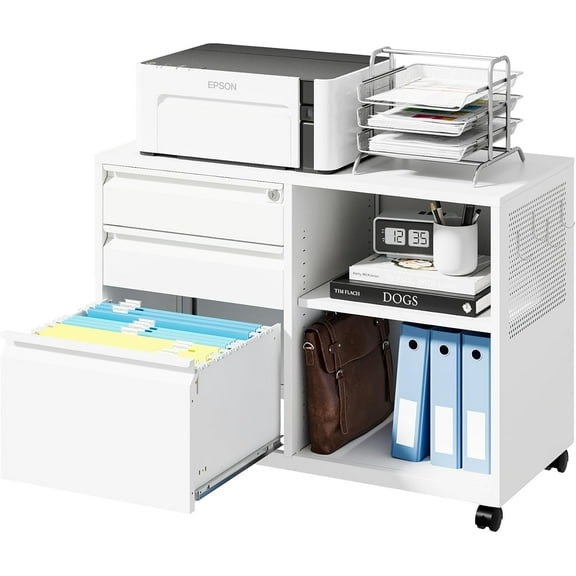 Letaya Mobile 3 Drawer File Cabinet with Lock-Metal Lateral Rolling Printer Stand Filing Cabinets for Home Office-Storage A4/F4/Letter (White)