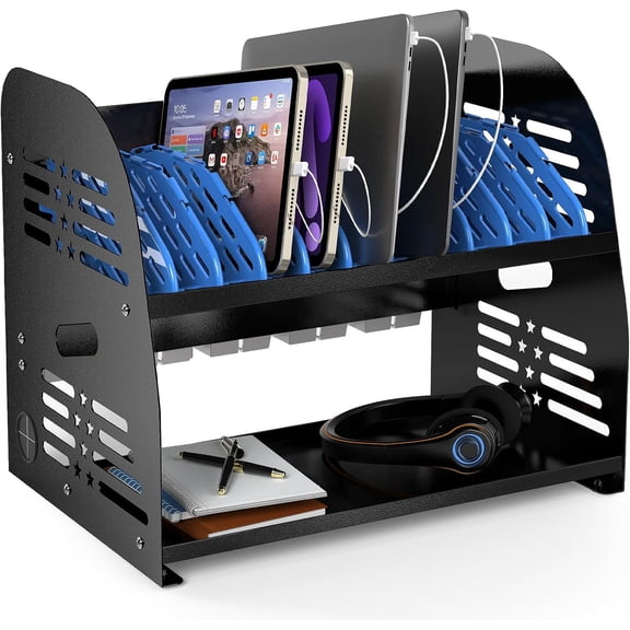 10-Device Charging Station with Power Strip – Open Charging Cabinet for Chromebooks, Laptops & Tablets up to 14” – Classroom Tech Organizer with Cable Management & Accessory Storage