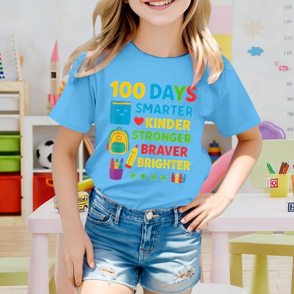 Letdown 100 Days of School Preppy 100th Day of School Kids T-Shirt For Toddler And Teens Cute Cartoon Print Crew Neck Comfy Summer Top (Blue,8-9 Years)