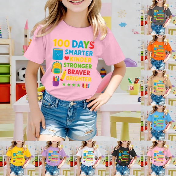 Letdown 100 Days of School Preppy 100th Day of School Kids T-Shirt For Toddler And Teens Cute Cartoon Print Crew Neck Comfy Summer Top (Pink,5-6 Years)