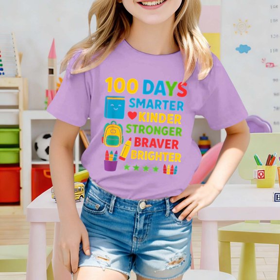Letdown 100 Days of School Preppy 100th Day of School Kids T-Shirt For Toddler And Teens Cute Cartoon Print Crew Neck Comfy Summer Top (Purple,3-4 Years)