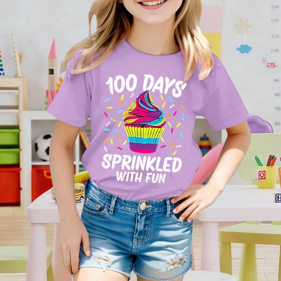 Letdown 100 Days Sprinkled with Fun Kids T-Shirts Casual Short Sleeve T Shirt Cute Cartoon Print Crew Neck Tee 100 Days of School Shirt for Kids (Purple,6-7 Years)