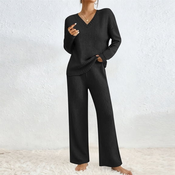 Letdown 2 Piece Outfits for Women V-Neck Long Sleeve Knit Knit Pullover Top and Wide Leg Pants Ribbed Lounge Matching Set Spring Fall Pajamas Sets (Black-002,L)