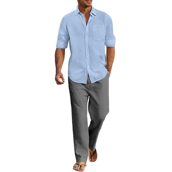 Letdown 2 Piece Set for Men Cruise Outfits Set Mens Summer Vacation Outfit Long Sleeve Button Down Shirts Drawstring Elastic Waist Wide Leg Pant
