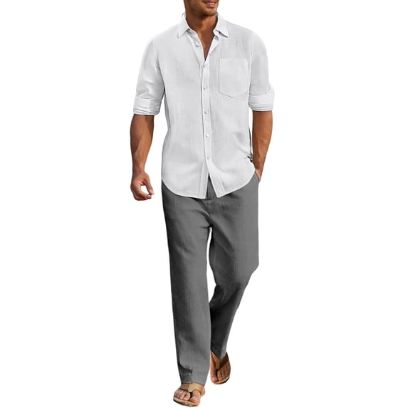 Letdown 2 Piece Set for Men Cruise Outfits Set Mens Summer Vacation Outfit Long Sleeve Button Down Shirts Drawstring Elastic Waist Wide Leg Pant
