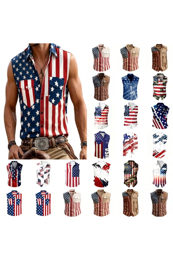 Flag Shirts for Men 4Th of July Shirts Casual Flag Graphic Patriotic Tshirts for Men USA Anniversary Button Down Sleeveless Shirt Collared Comfortable Daily Tops Men Classic Style for Work