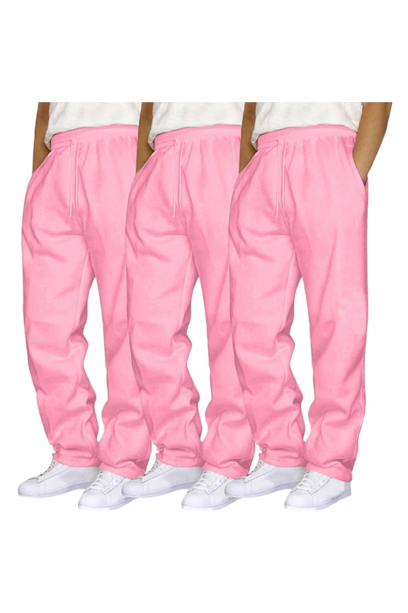 3 Pack Casual Pants Men Textured Drawstring Waist Solid Wide Leg Trousers Loose Fit Lightweight Breathable Hiking Sweatpants (Pink, M)