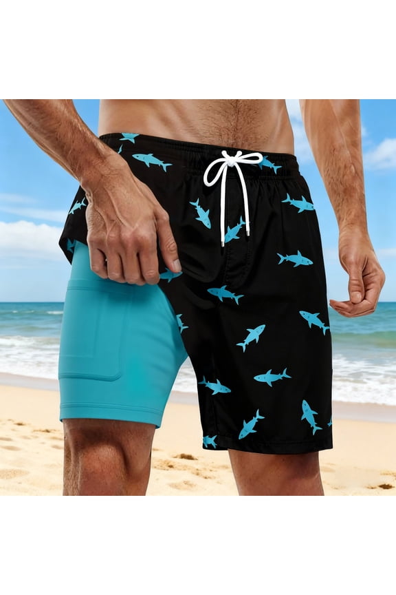 7 Inch Men Swim Trunks Compression Liner Quick_Dry Drawstring Male Swimwear Bottom Swimtrunks Pattern Boardshorts (Blue,L)