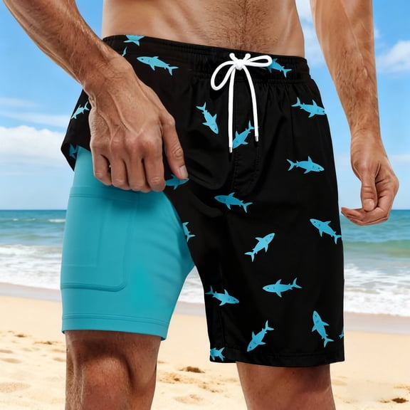 Letdown 7 Inch Men Swim Trunks Compression Liner Quick_Dry Drawstring Male Swimwear Bottom Swimtrunks Pattern Boardshorts (Blue,XL)