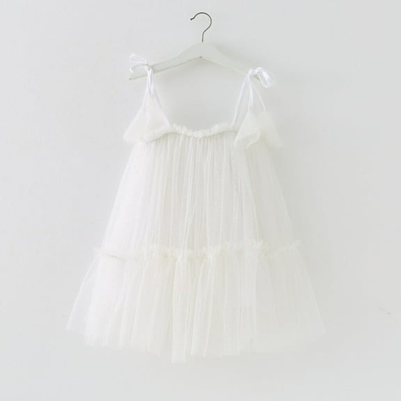 Letdown Baby Girls Christmas Tulle Tutu Dress Sleeveless Sequin Layered Dresses Adjustable Lace-Up Spaghetti Strap Knee Length Dress (#01-White,5-6 Years)