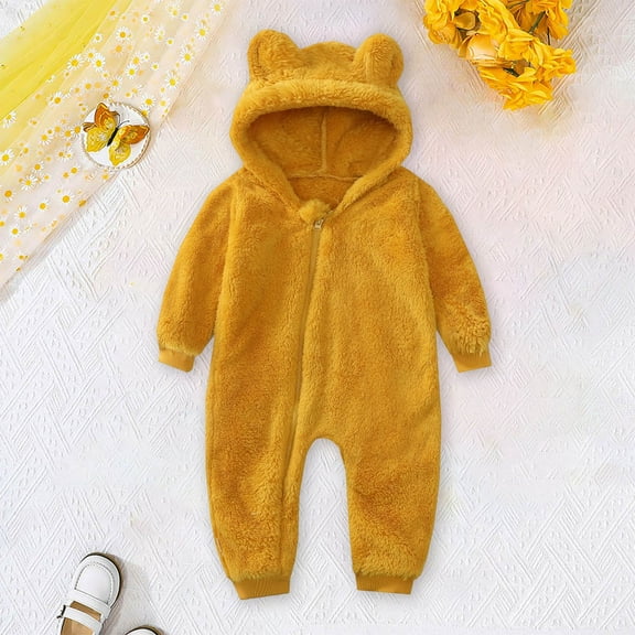 Letdown Baby Sherpa Bunting Suit with Bear Hood, Long Sleeve Zipper Snowsuit Warm Winter Romper Outfits (Yellow,12-18 Months)