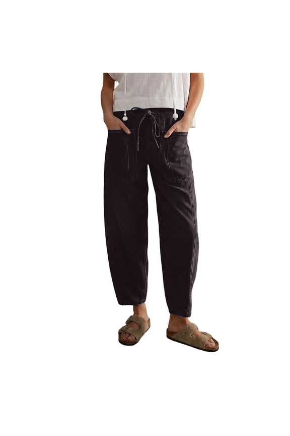 Barrel Jeans for Women Trendy High Waisted Pull On Wide Leg Cropped Stretch Denim Straight Leg Baggy Drawstring Pants