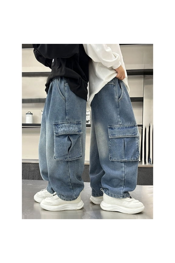 Big Kids' Solid Color Cargo Denim Pants, Wide Leg Jeans with Side Pockets for Boys and Girls, Spring Fall Youth Pants (Blue,5-6 Years)