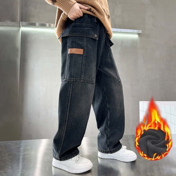 Letdown Boys Baggy Jeans Kids Lined Wide Leg Cargo Jeans Winter Warm Elastic Waist Loose Fit Denim Pant Y2K Streetwear Spring Fall Winter Bottom (#06-Grey,6-7 Years)
