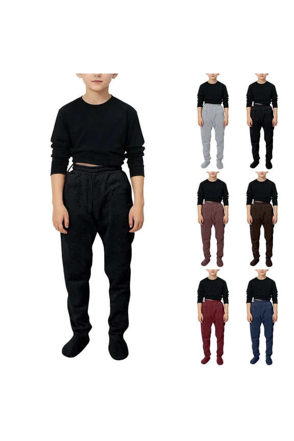 Boys Footies Pants Winter Thermal Loungewear Bottom with Pockets Indoor Outdoor Comfy Casual Jogger Sweatpants For Toddler Kids