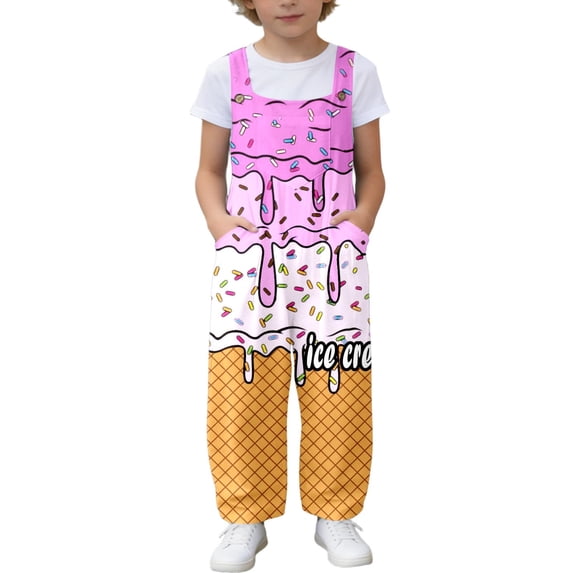 Letdown Boys Girls Bib Overalls Pants Loose Romper Adjustable Straps Ice-Cream Clothes Jumpsuit with Pockets Kids Summer Outfit 5-14 Years