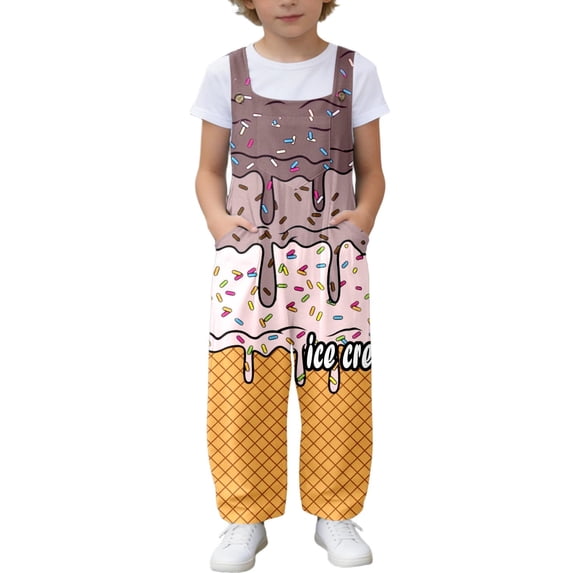 Letdown Boys Girls Bib Overalls Pants Loose Romper Adjustable Straps Ice-Cream Clothes Jumpsuit with Pockets Kids Summer Outfit 5-14 Years